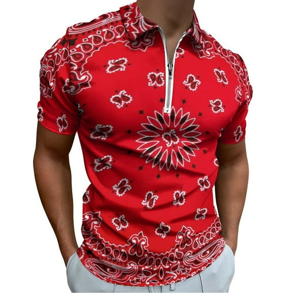 Bandana - Red Art Men Zipper T-shirt Summer Casual Short Sleeve T-shirt Top