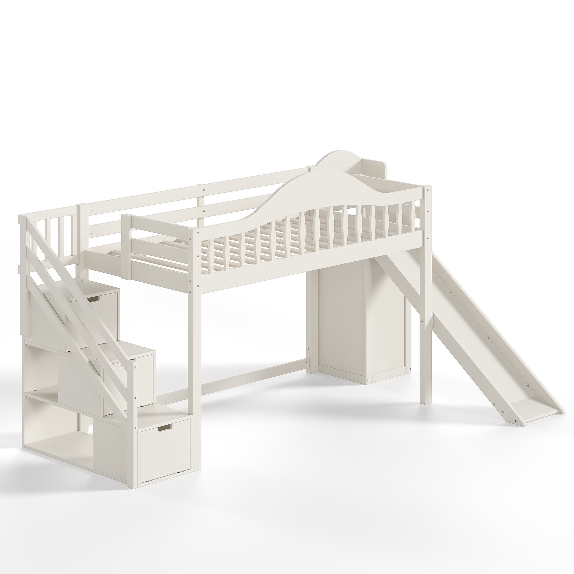 Leumius Twin Loft Bed with Storage Stairs, Slide & Built-in Wardrobe, Stylish High Guardrail, Wood Loft Bed Frame for Bedroom,Dorms,Guests Beige