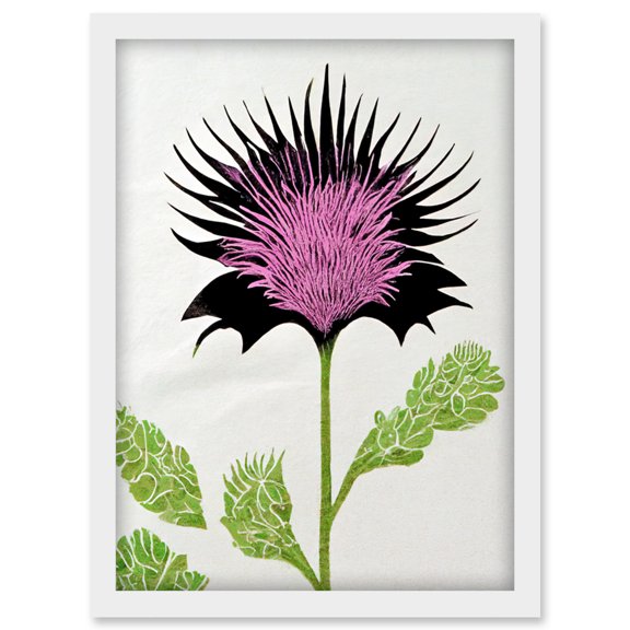 Linocut Scottish Thistle Abstract Wildflower Artwork Framed Wall Art Print A4