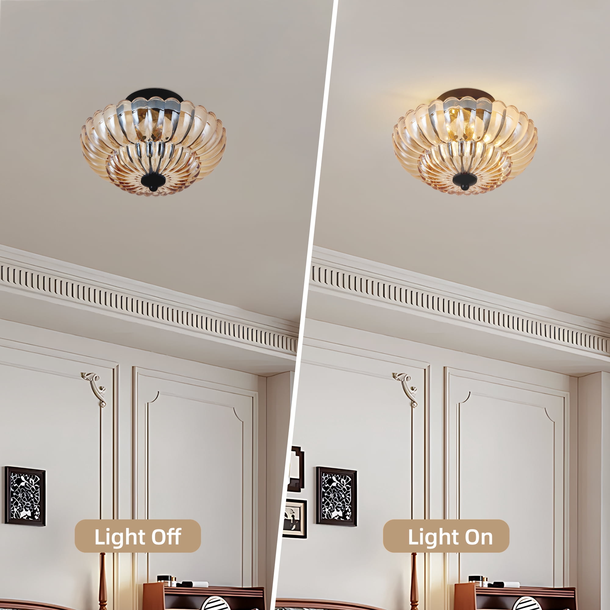Leumius Semi Flush Mount Ceiling Light, 3-Light Close to Ceiling Light Fixtures with Flower Glass, Vintage Ceiling Lights for Hallway Living Room Kitchen Bedroom Bathroom, Amber+Black
