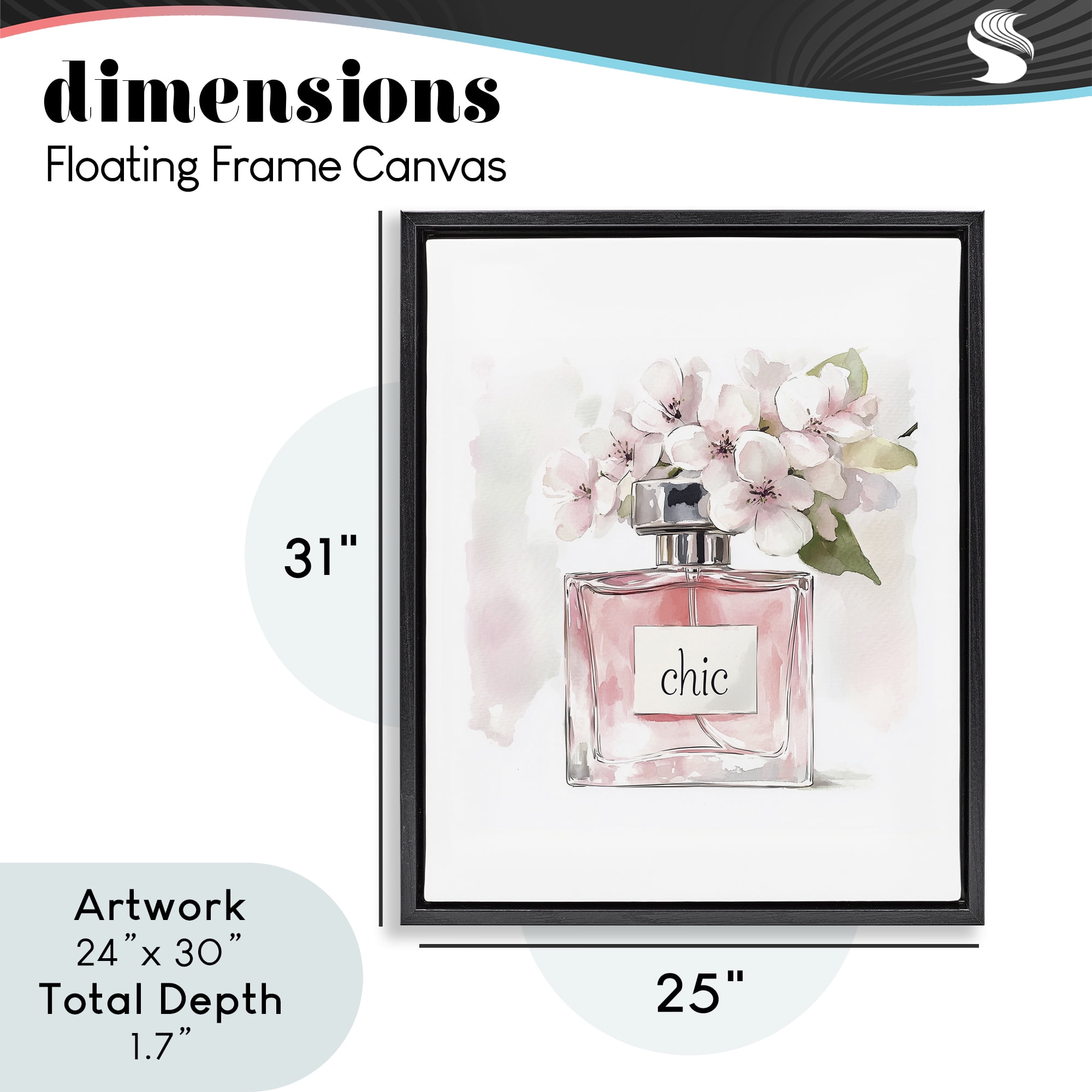 Cherry Blossom Chic Perfume Black Framed Floater Canvas Wall Art, design by Christine Simpson Art