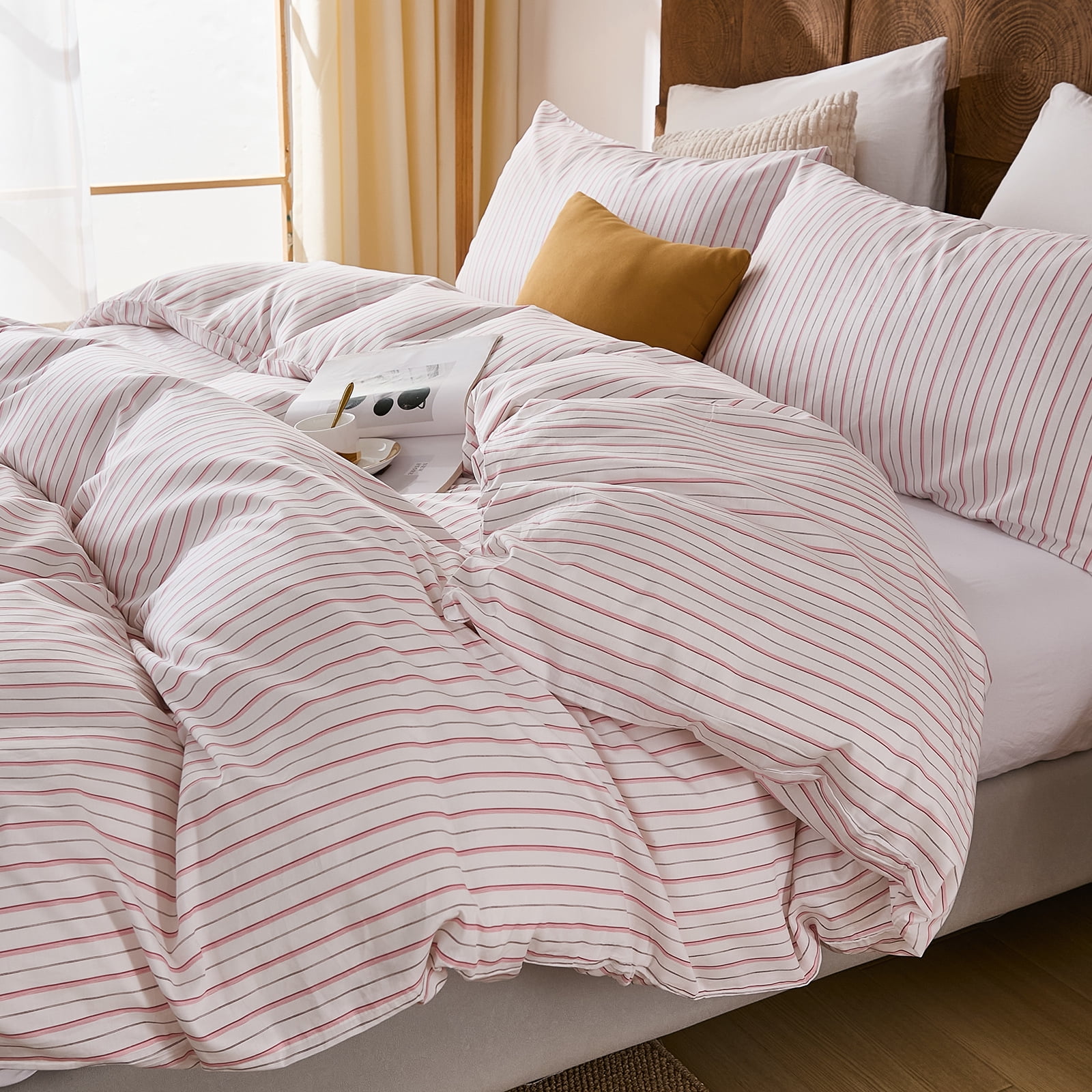 100% Cotton Stripe Duvet Cover Set Queen Size - Gray Striped Duvet Cover Set with Zipper Closure & 8 Corner Ties, Modern Minimalist Wide Stripe Bedding Set for Cozy Elegant Bedroom