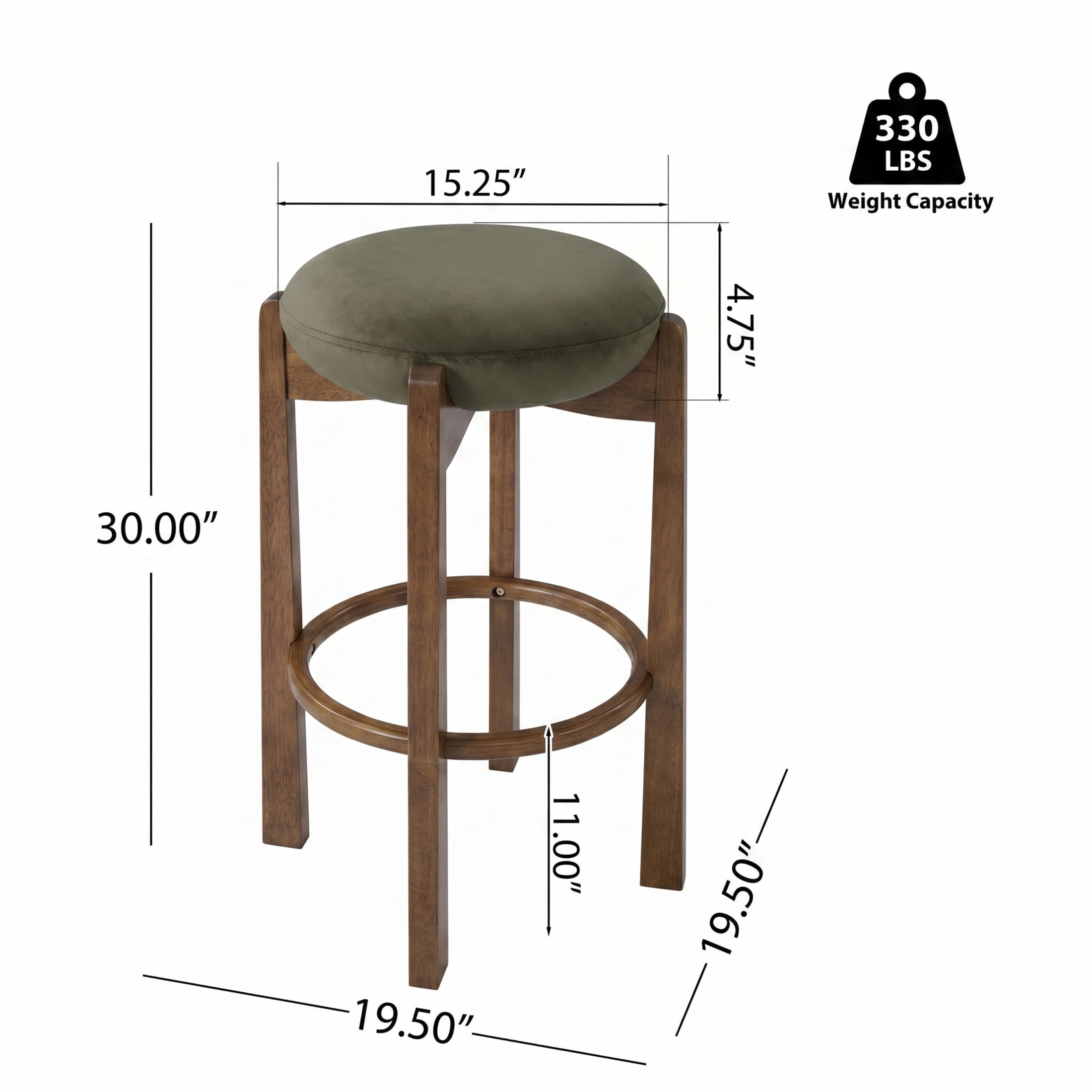 Christopher Knight Home 30" Round Upholstered Bar Stools, Wooden Frame, Dark Walnut + Green, Set of 2