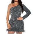 thumbnail image 2 of Njagoc3 Womens One - Shoulder Sequin Mini Dress, Feather Trim, Formal Club & Party Outfit, 2 of 6