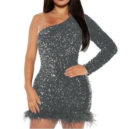 BangWanChi Sequin Dress for Womens 2024 Women s Fashion Perspective Hot Diamond Sequin Long Sleeve Feather Bag Hip Skirt Nightclub Style Party Mini Dress Gray S