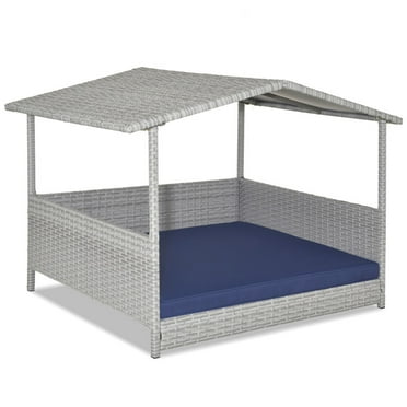 Kadyn Dog House Indoor Outdoor, Pet Dog House, Wicker Dog House with Waterproof Roof and Washable Cushion Cover-Navy