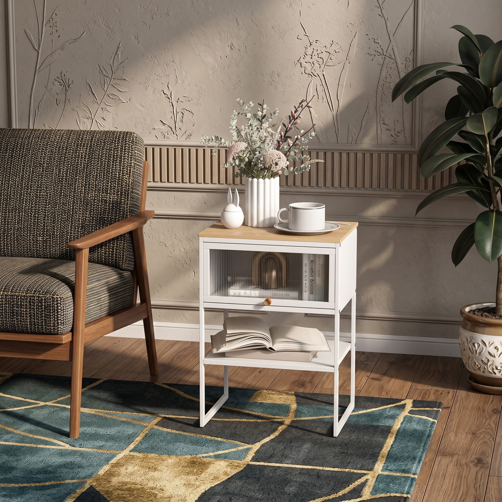 Furnibear 3-Tier Nightstand with Flip Up Fluted Door and Open Bottom Shelf plus Metal Frame for Small Spaces and Bedroom, White