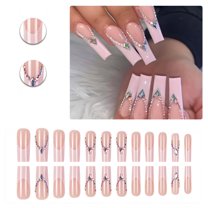 RAGUPEL 24Pcs Glue on Nails for Women,Diamond-Accented Square Press on Nails,Pink Tip Press on Nails Long,Presson Nails for Women and Girls,Style1