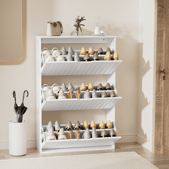 Shoe Storage Cabinet for Entryway,White Shoe Cabinet Storage with 3 Flip Drawers,Shoe Cabinet for Entryway Slim Space,3 Tier White Shoe Cabinet Freestanding Wood Shoe Rack for Entryway,Hallway