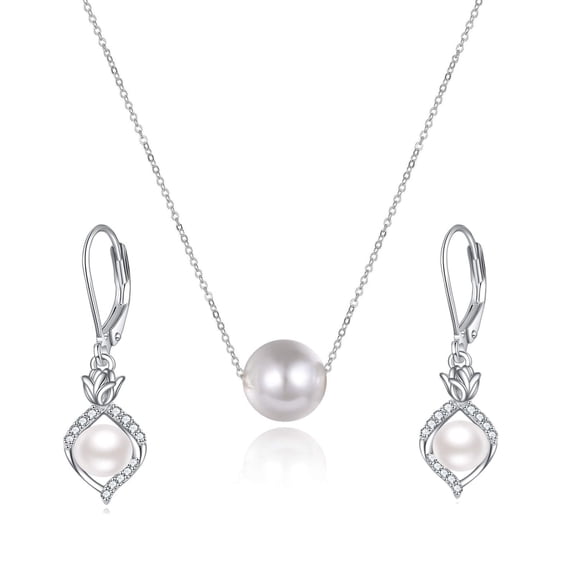 MYSTICPOEM Pearl Necklace and Earring Set Sterling Silver Pearl Earrings and Necklace Set for Women Freshwater Cultured Pearls Wedding Bridesmaids Anniversary Jewelry Gifts