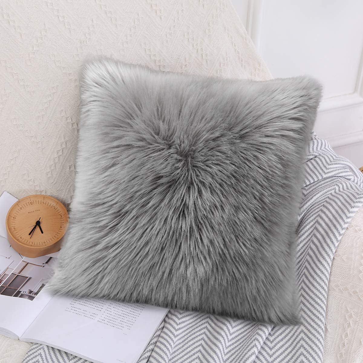 Lochas Modern Chair Decorative Fluffy Pillow Case, Backing Hold Pillow Case/Seat Sofa Cushion Square Throw Pillow Cover, 18 x 18inch Gray, Size