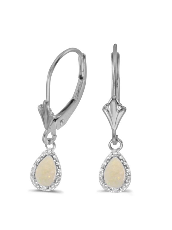 Womens 14k White Gold Pear Shape Opal 6x4mm Gemstone with Diamond Accented Dangling Leverback Earrings (.5 ct and .02 c