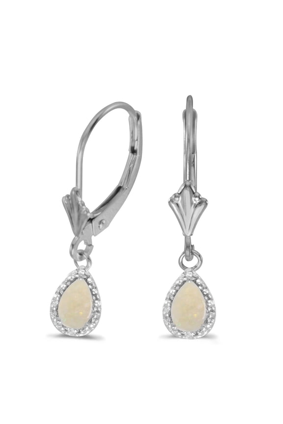 Womens 14k White Gold Pear Shape Opal 6x4mm Gemstone with Diamond Accented Dangling Leverback Earrings (.5 ct and .02 c