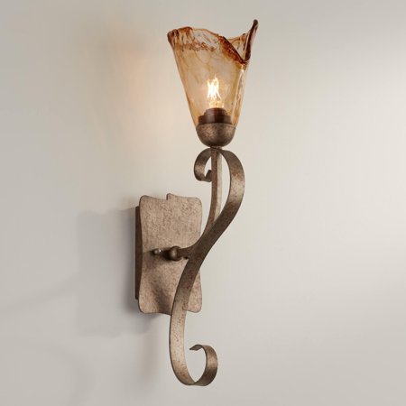 Franklin Iron Works Amber Scroll Rustic Wall Sconce Lighting Golden Bronze Metal Hardwired 23 1/2"" High Fixture Amber Art Glass Decor for Bedroom Bathroom Bedside Home Kitchen (Colors May Vary)