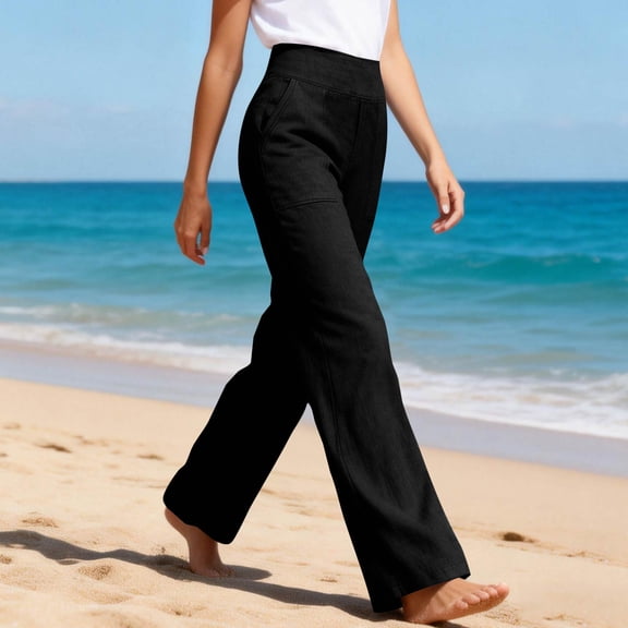 Dwellite Linen Pants Summer Casual High Waist Straight Leg Pant Loose Fit Lightweight Lounge Trousers with Pockets Black M