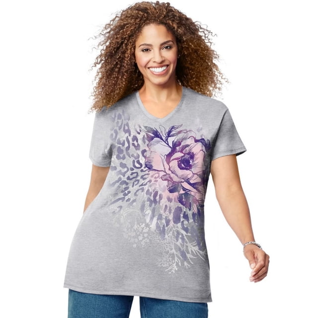 Just My Size Womens Short Sleeve Graphic Tee, 5X, Jungle Flower Light Steel