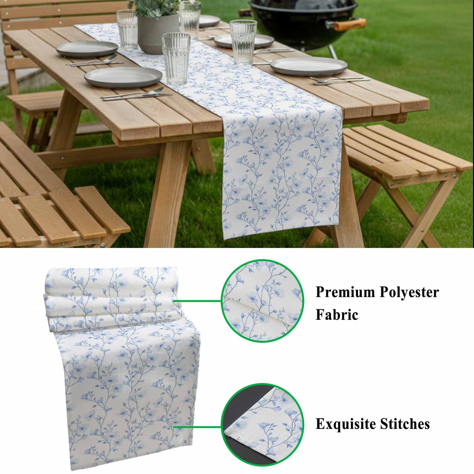 Flowers Table Runner 13x108 inch Branches Cotton Linen Dining Table Runner Ideal for Dresser Kitchen Coffee Tables - Machine Washable