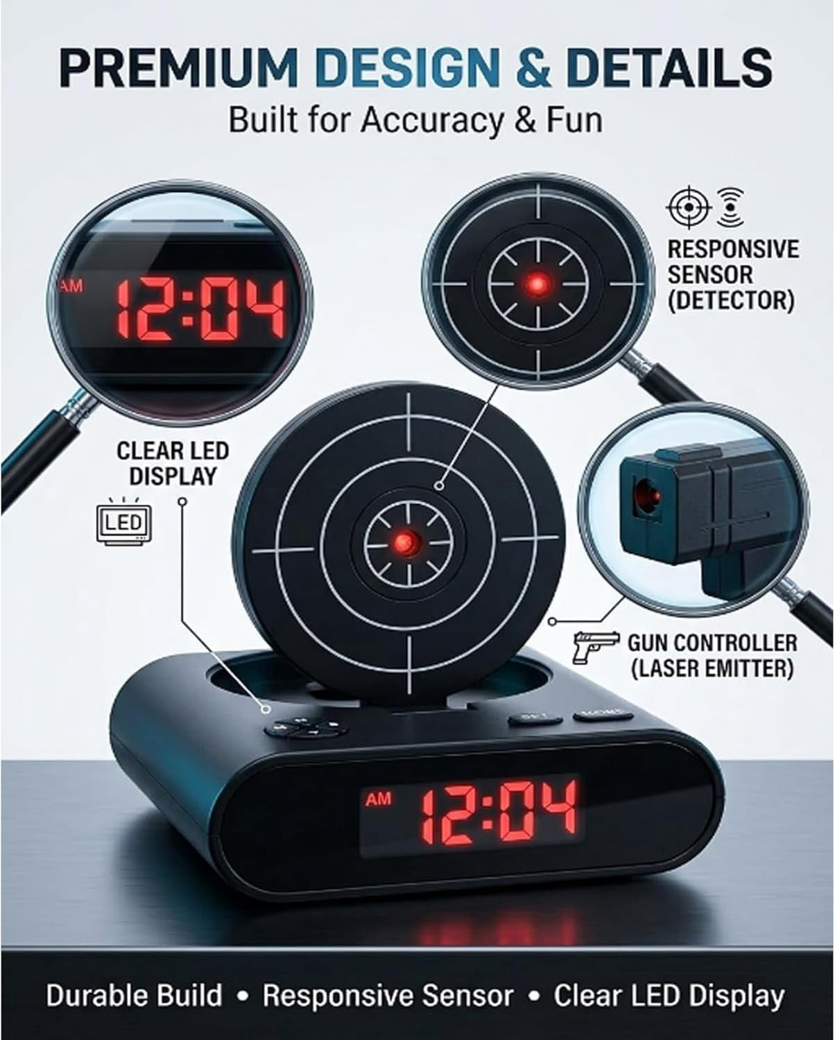 Gun and Target Alarm Clock, Interactive Shooting Game Wake-Up Clock, Digital Shot Timer with 2 Alarm Modes & LED Display, Personalized Runaway Clock for Heavy Sleepers Bedroom Home (Black)