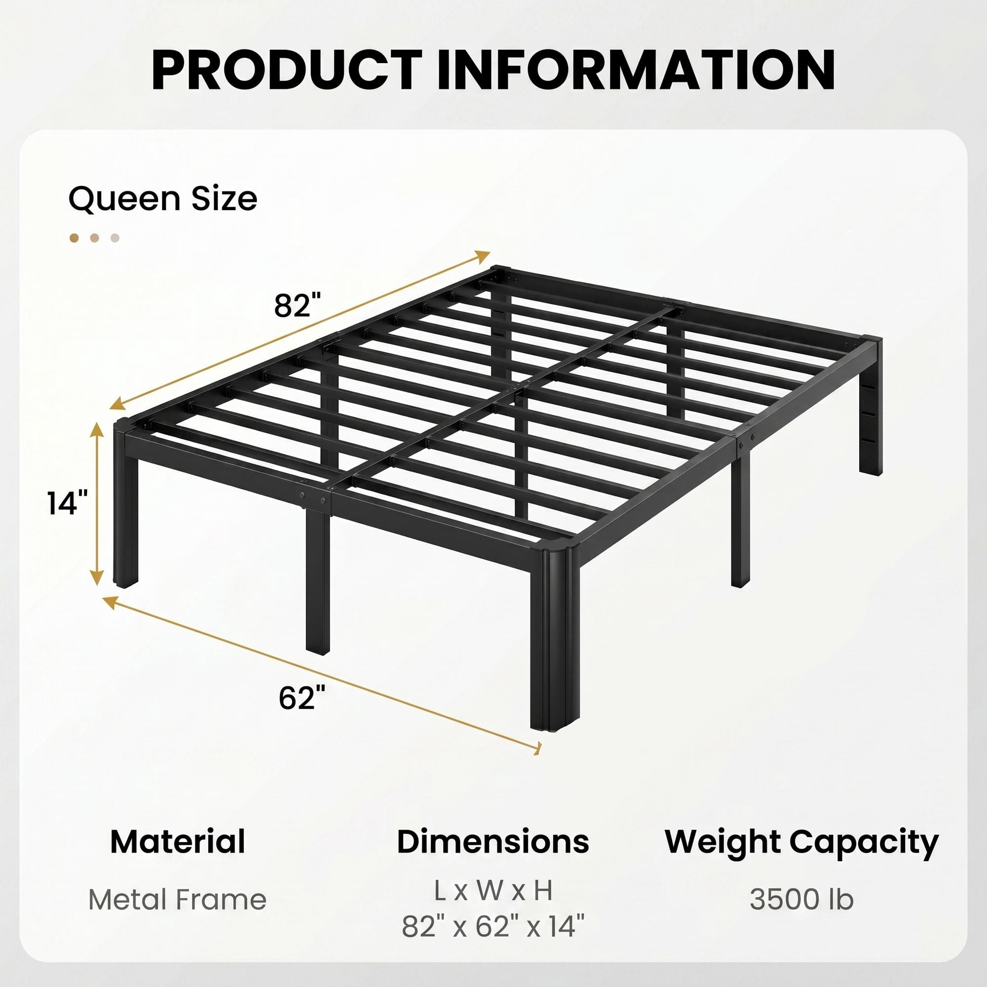 Merrland Queen Bed Frame, 14" Metal Platform Bed Frame with Fan-Shaped Legs, 3500 lbs Capacity, Under-Bed Storage Space, Easy Assembly, Black