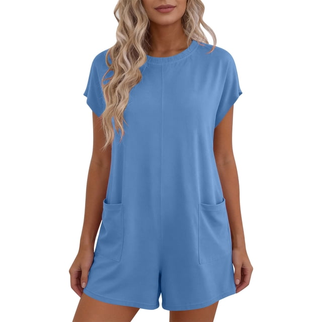 Lovzfmll Combinaison pour Femmes, Col Rond à Manches Courtes avec Poche, Jambe Grand, Barboteuse d'Été Décontractée Bleu Ciel, G