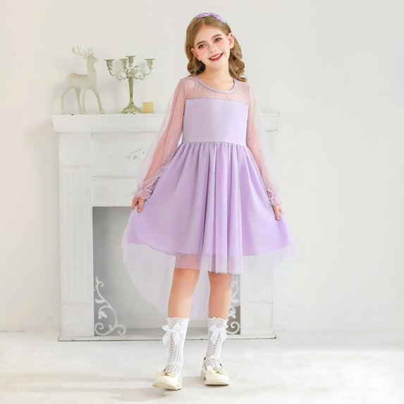 Letdown Girls Dresses Contrast Mesh Lantern Long Sleeve Twirl High Low Birthday Party Formal Princess Dress