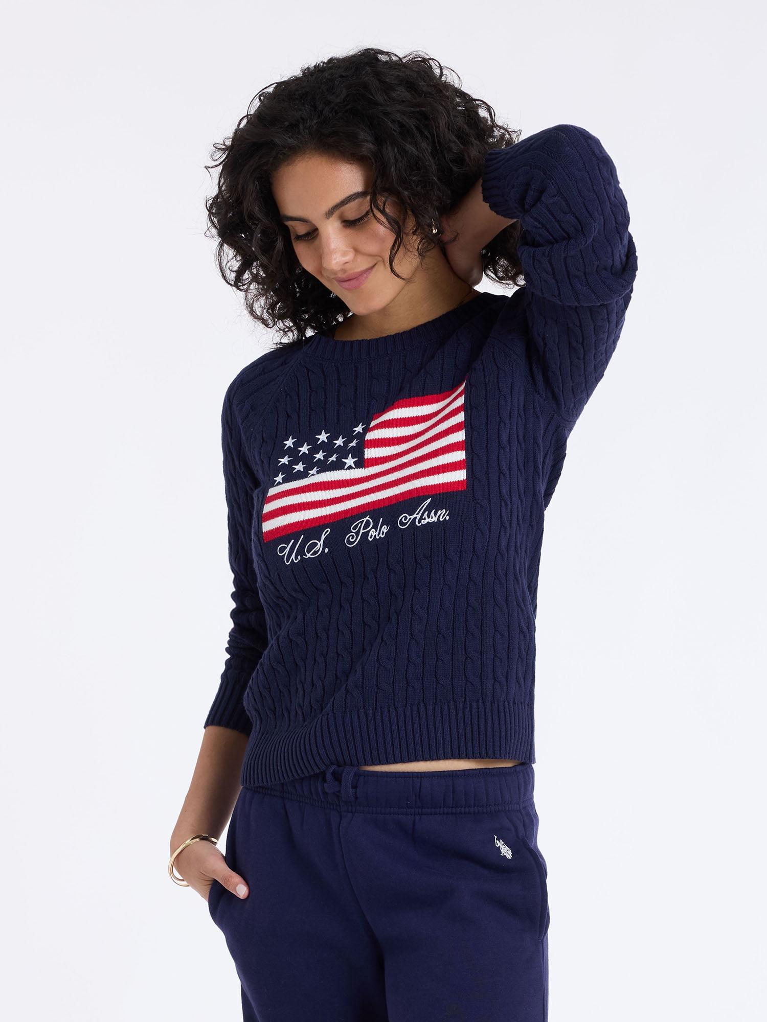 U.S. Polo Assn. Women's Cable Raglan Flag Sweater