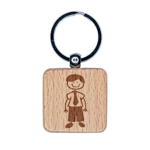 Stick Figure Man Dad Square Keychain Charm Tag - Engraved Wood