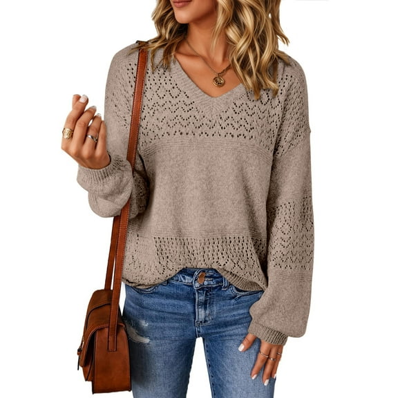 UVN Sweaters for Women Casual V Neck Long Sleeve Pullover Winter Lightweight Crochet Hollow Out Knit Jumper