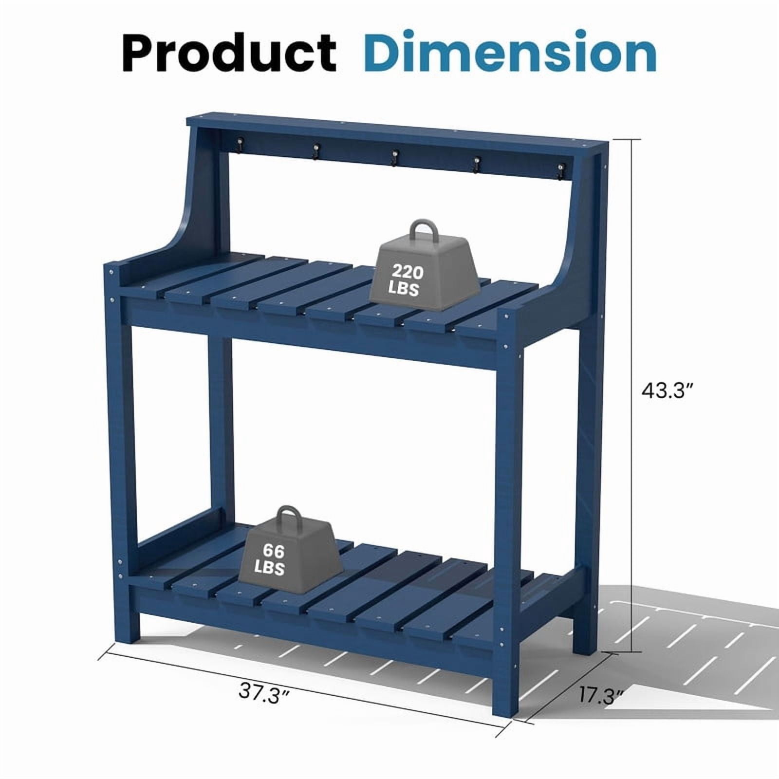 Howcool HDPE Outdoor Potting Bench with Storage & Hooks, 3-Tier Heavy-Duty Garden Workstation Table, All-Weather Potting Table for Patio & Backyard, Blue