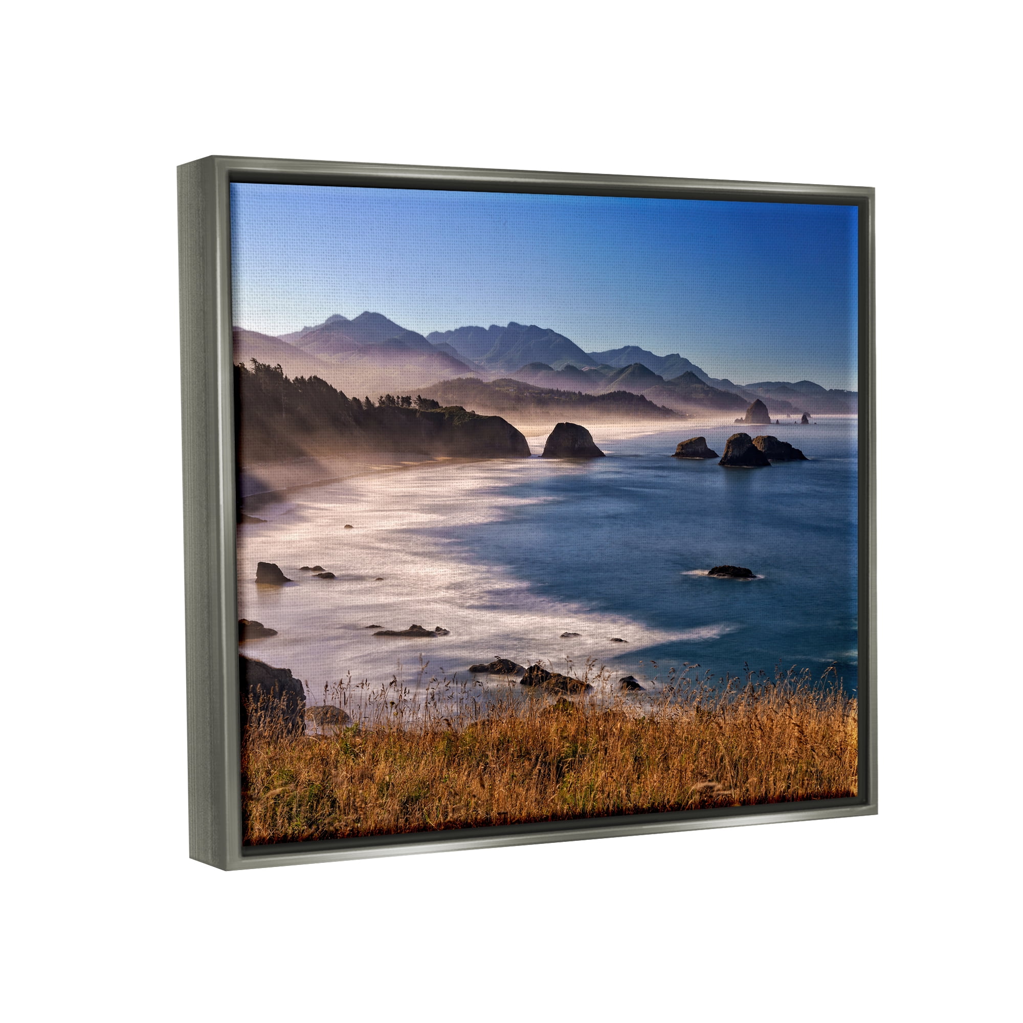 Stupell Rocky Shore Coastal Mountain Peaks Landscape Photography Gray Floater Framed Art Print Wall Art