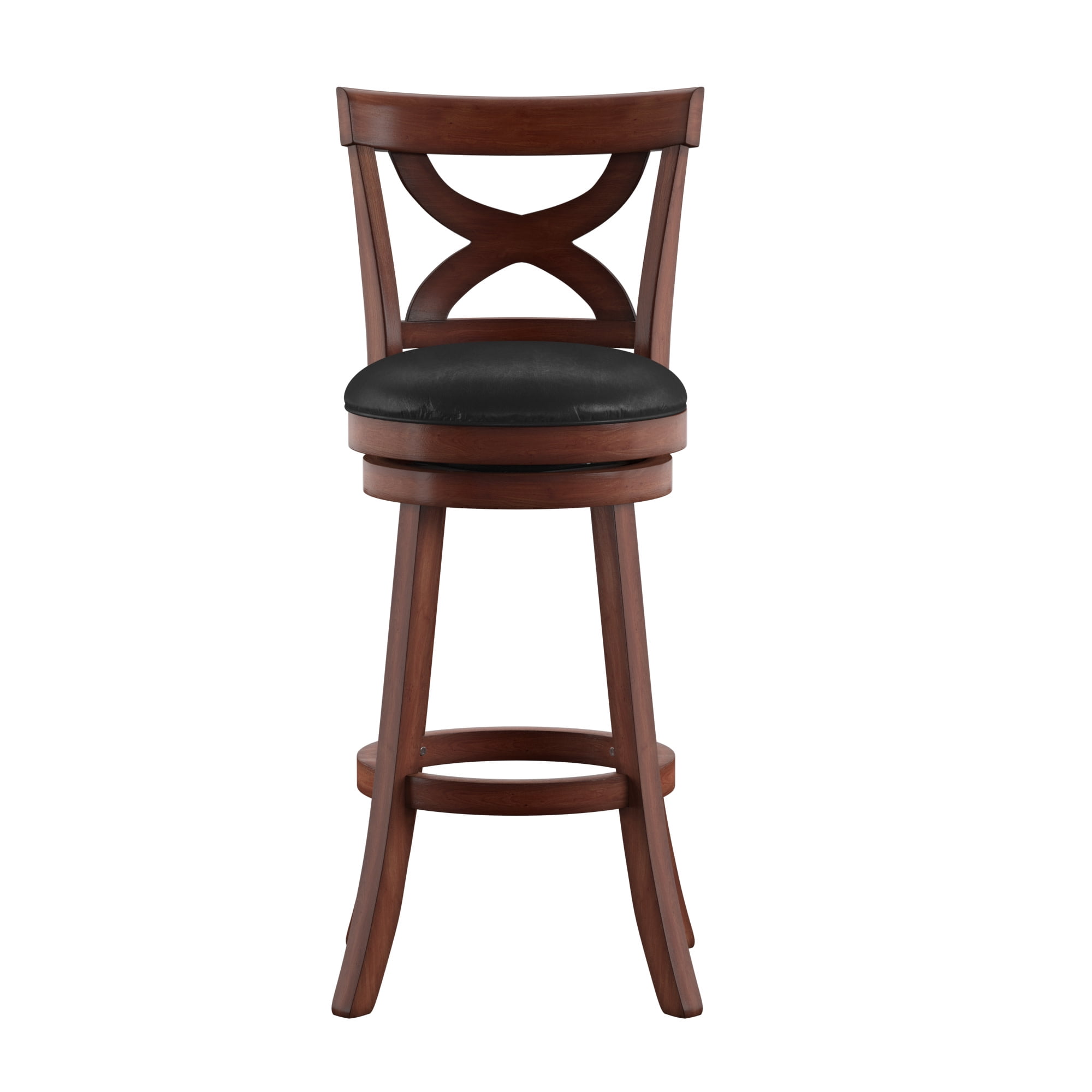 Weston Home Basalt High X-Back Black Upholstered Swivel Seat Bar Height Stool, Cherry Finish