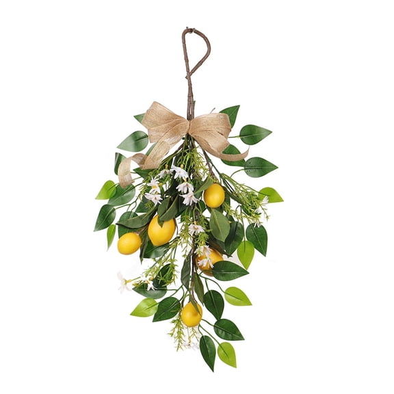 XEAZON Artificial Lemon Wreath, Fake Lemon Swag, Wall Hanging Greenery Wreath, Decorative Swag with Lemons Bows Green Leaves Suitable for Wall Patio Indoor Outdoor Window Decoration
