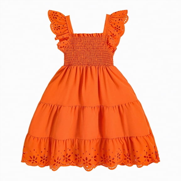 NOLDARES Girls Flutter Sleeve Floral Dresses, Kids Spring Summer Dress, Teen Hawaiian Maxi Long Dresses(Orange,4-5 Years)