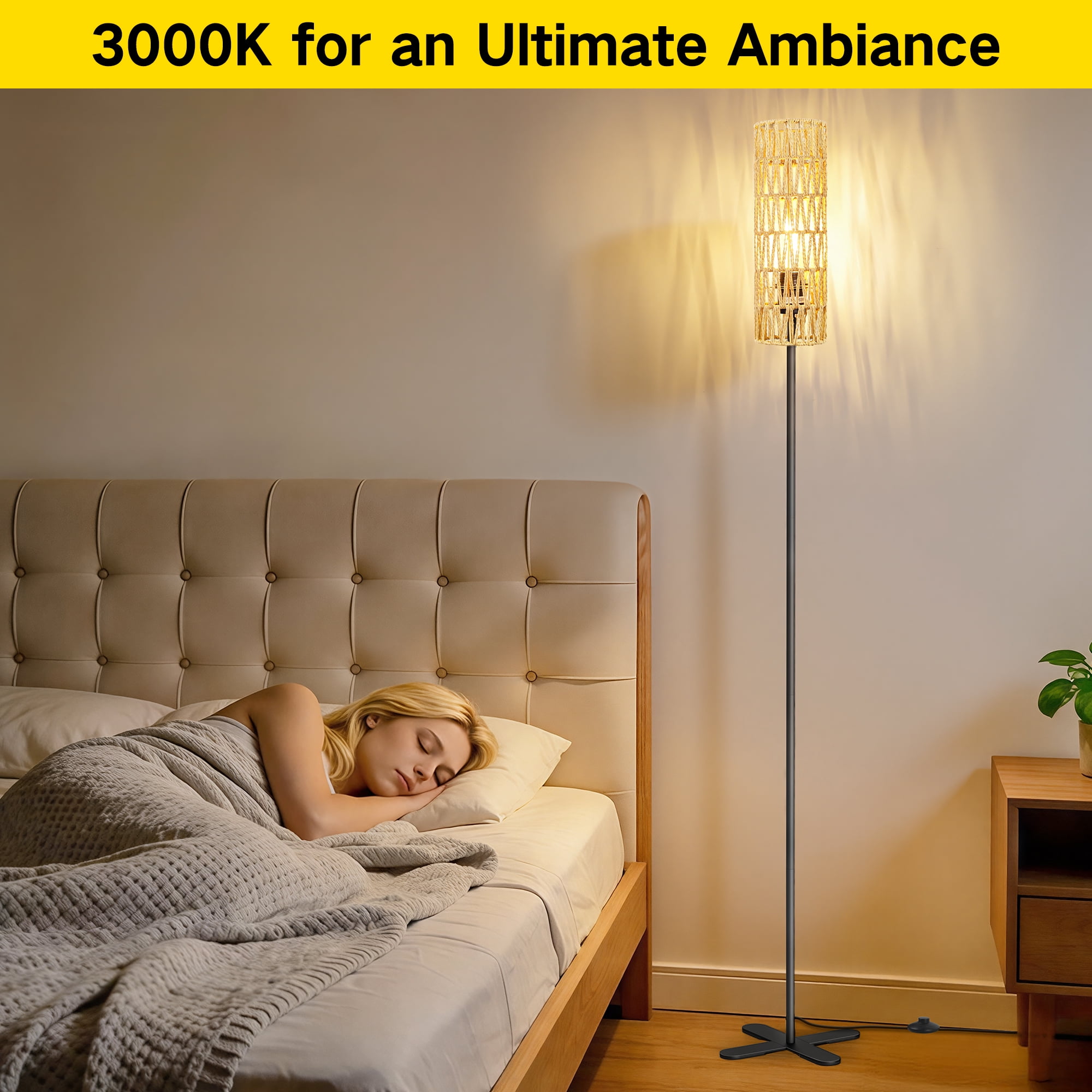 OUTON  Floor Lamps for Living Room Clearance, Dimmable, Minimalist Pole Lighting for Bedroom, Office, Kids Room, Bulb Included,  Rattan
