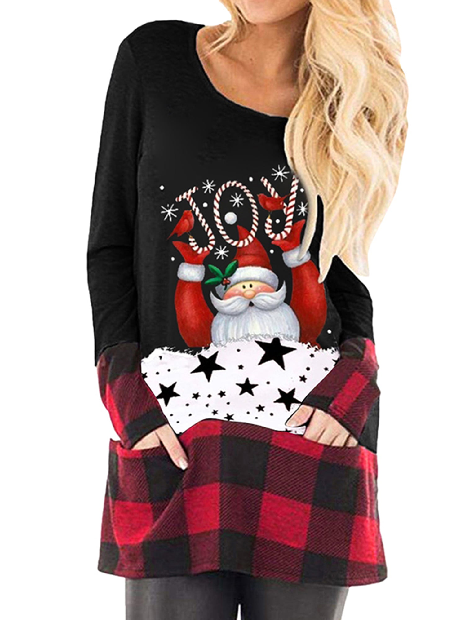 Women's Christmas Plaid Long Blouse Sleeve Plus Size Shirts Tunic Xmas ...