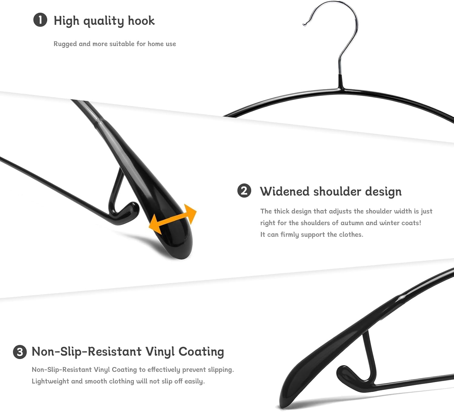Non Slip PVC Coating Sweater and Dress Hangers, Wide Shoulder Bump Free Clothes Hangers, Black Color 20 Pack