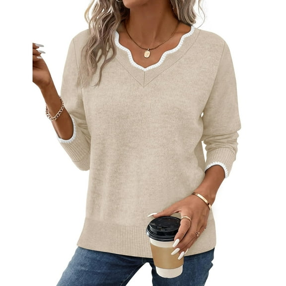GrmtClth Womens V-Neck Sweaters Breathable V-Neck Knitted Sweaters Casual Classic Soft Comfy Long Sleeve Pullover Sweaters Khaki L