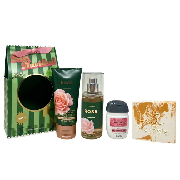 Bath & Body Works  Rose Feliz Navidad Mini Gift Set -Fragrance Mist, Body Cream and Rose Water & Ivy Mini Hand Gel - with a Peach Gardenia Sample Soap - Travel size
