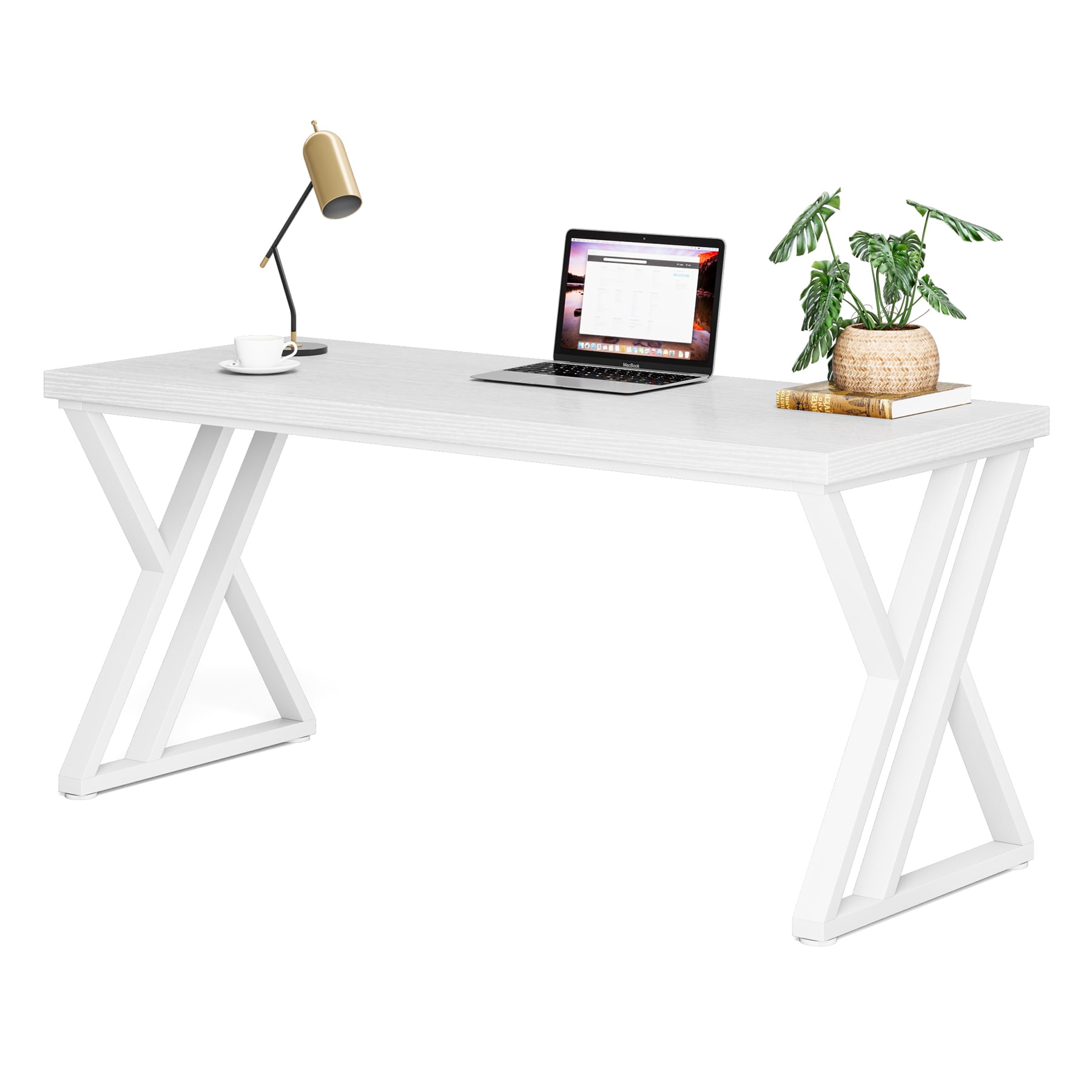 Tribesigns Writing Computer Desk, 55-Inch Modern Simple Study Desk with Z-Shaped Metal Leg, White