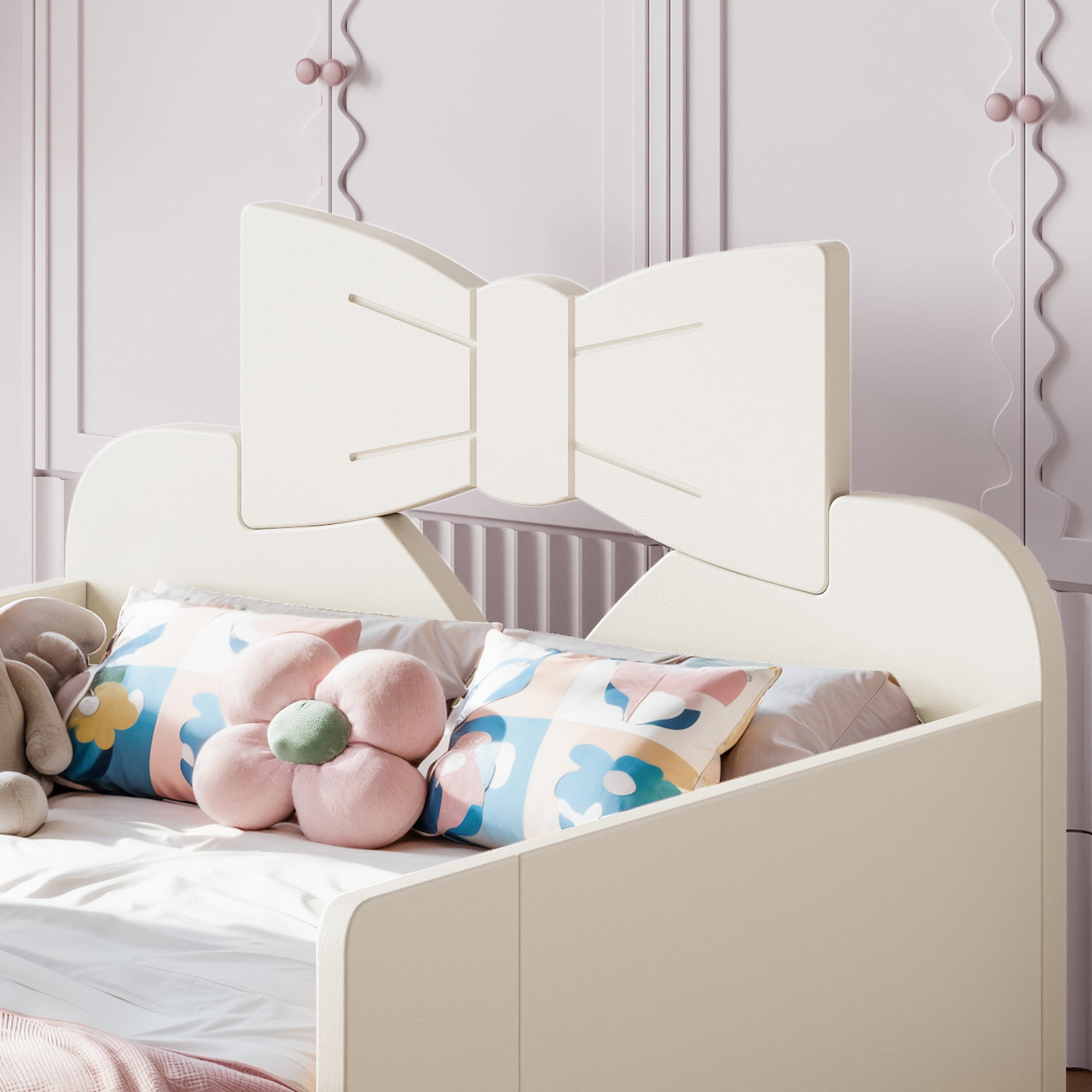 HOQBN Twin Size Kids Platform Bed with Surround Guardrails, Cute Bowknot Shaped Headboard & Built-in Side Bookshelf, Wood Finish Floor Bed Beige