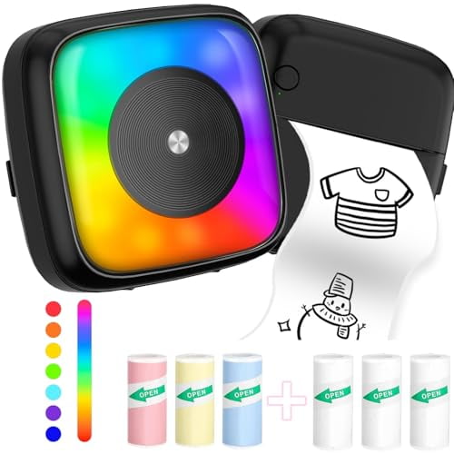 Mini impresora de pegatinas con 6 rollos de papel adhesivo, siete modos de iluminación de color para álbumes de recortes, viajes, notas, etiquetas y recordatorios. Compatible con iOS y Android.
