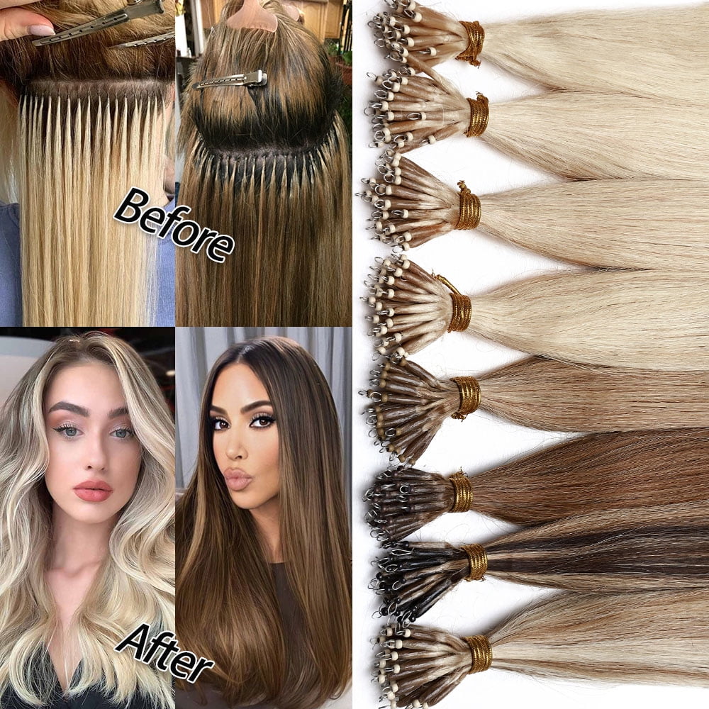 SEGO Nano Ring Beads Tip Hair Extensions 100% Human Hair Nano Ring Remy Hair Extensions Real Human Hair Cold Fusion Nano Hair Extensions Any Color Nano Loop Extensions 50G-150G Thick Full Head
