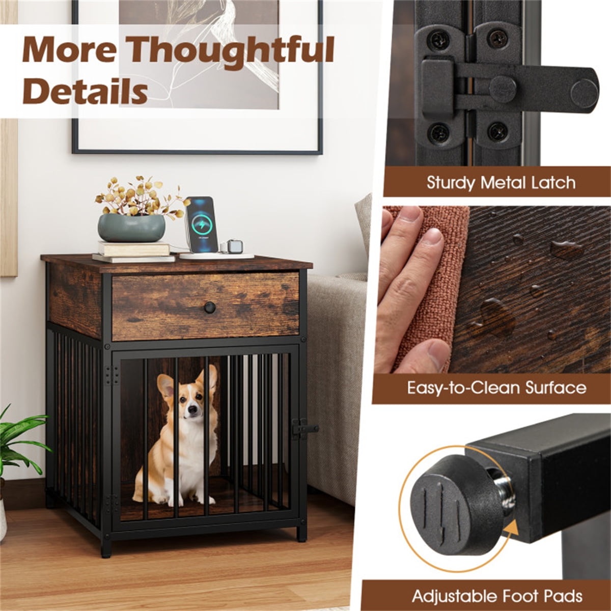 Black+Brown 2-in-1 Dog Crate End Table with Charging Station, Chew-Resistant Metal Tube Pet Furniture for Small Dogs Under 25 lbs