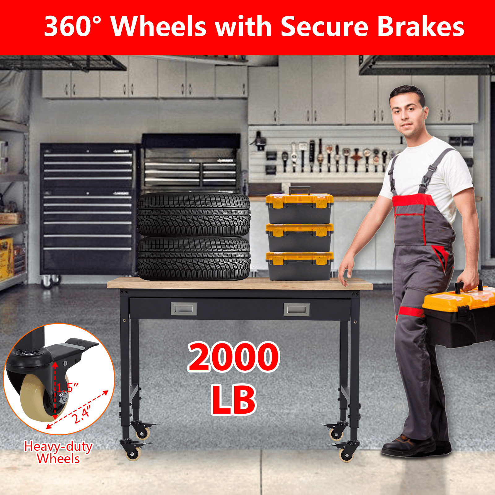 48" Adjustable Work Bench with Wheels, 2000 Lbs Capacity Rubber Wood Table Rolling Workbench
