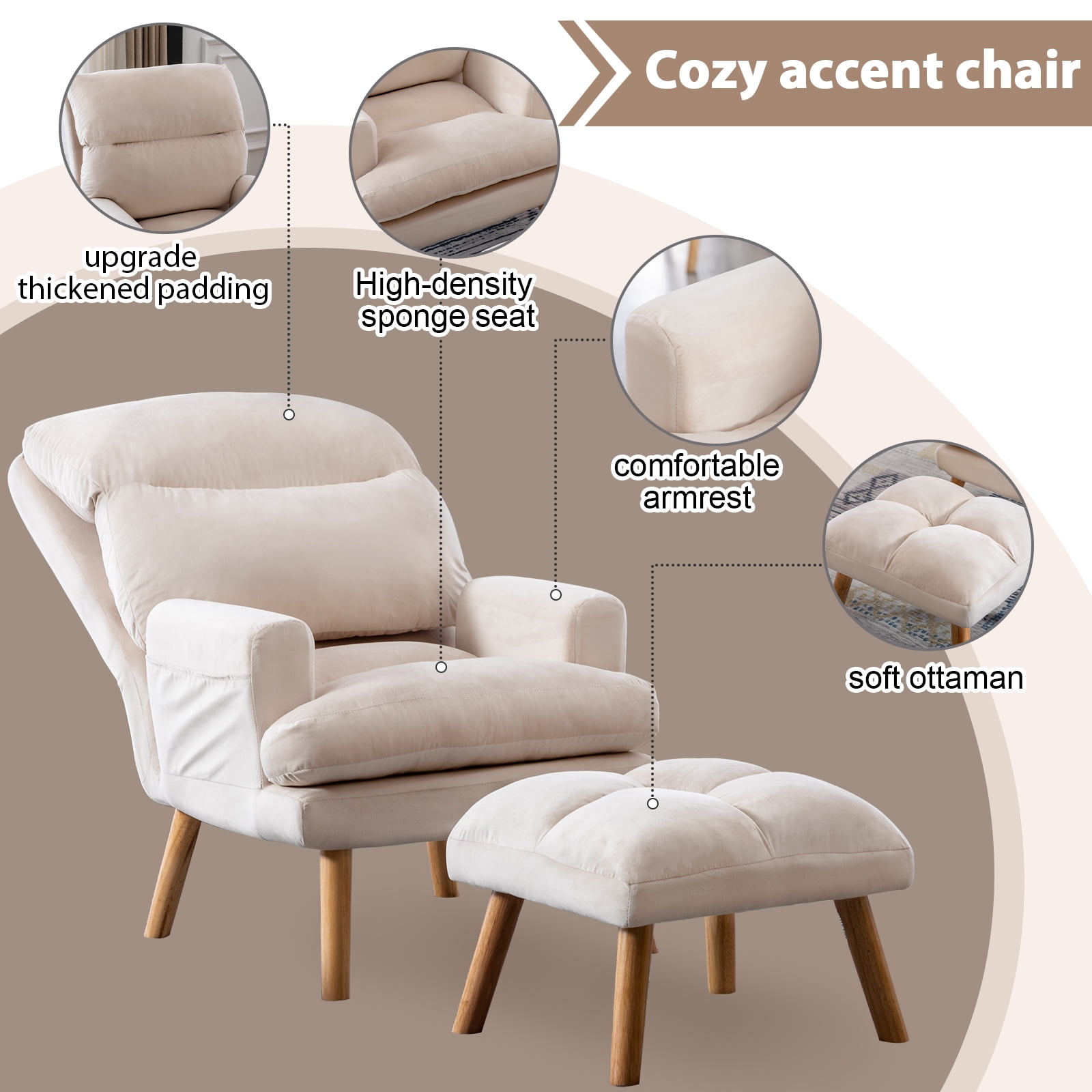 Bonzy Home Accent Chair with Ottoman, Adjustable Backrest Seat,Velvet Fabric Chair for All Age,Beige