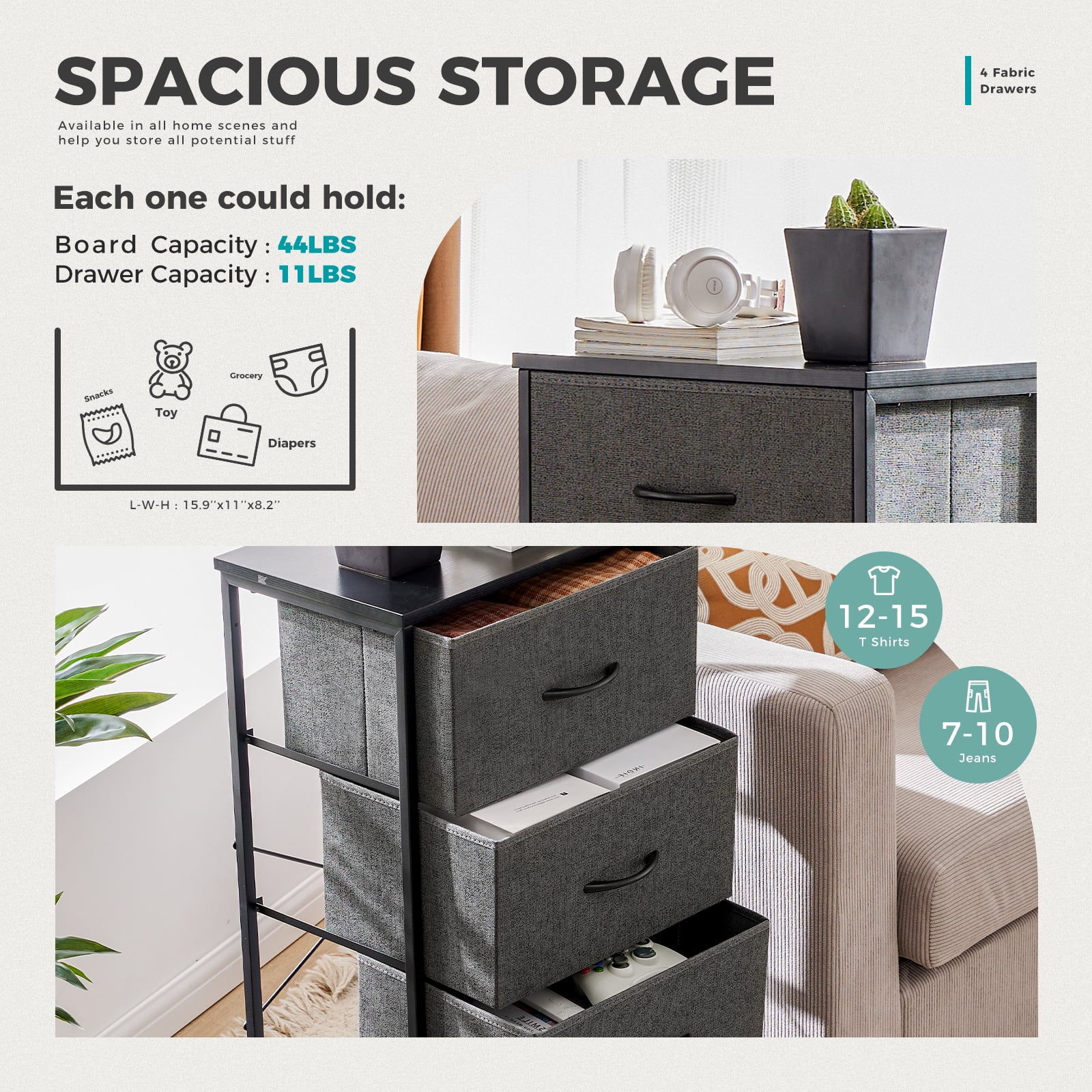 JIOABL 4 Drawer Chest Organizer with Fabric Bins, Dresser for Bedroom, Tall Steel Frame, Grey