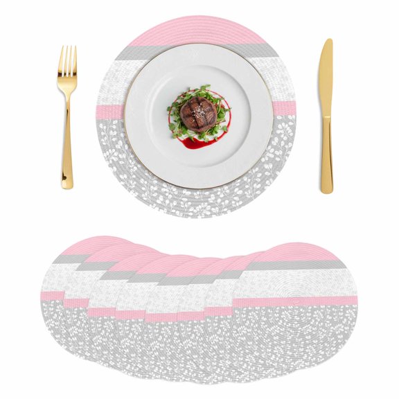 Pink Grey Round 13 Inch Placemats Set of 8, Chic Garden Floral Stripe Aesthetic Flower Boho HeatResistant Non Slip Place Mats for Dining Table, Wipeable Braided Kitchen Table Mats for Housewarming