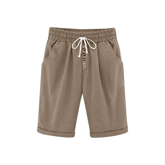 Lenpel Bermuda Shorts for Women Elastic High Waisted Drawstring Button Front Knee Length Shorts Summer Casual Shorts with Pockets
