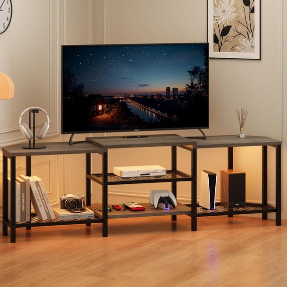 Corner TV Stand with Power Outlets, Industrial Media Console Table with Led Strip, 4 Open Storage Shelves, Large Wooden Entertainment Center for 70 Inch TV for Living Room