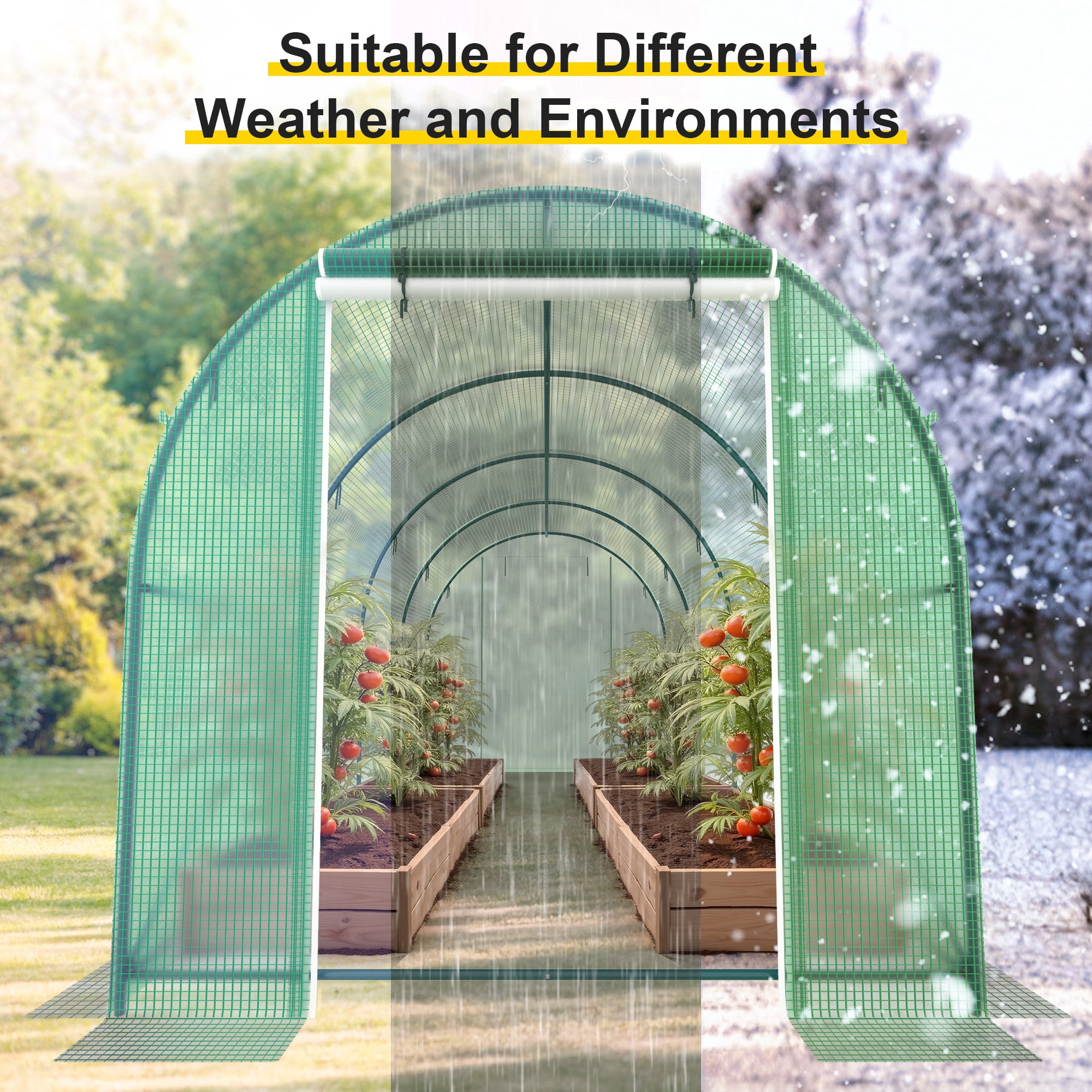GOJOOASIS Outdoors Heavy Duty 15 x 7 x 7 FT Portable Greenhouse with 8 Ventilated Screen Windows & Rolling Zipper Door